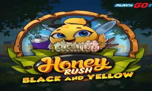 Tampilan visual slot Honey Rush Black and Yellow dengan latar belakang kota neon.